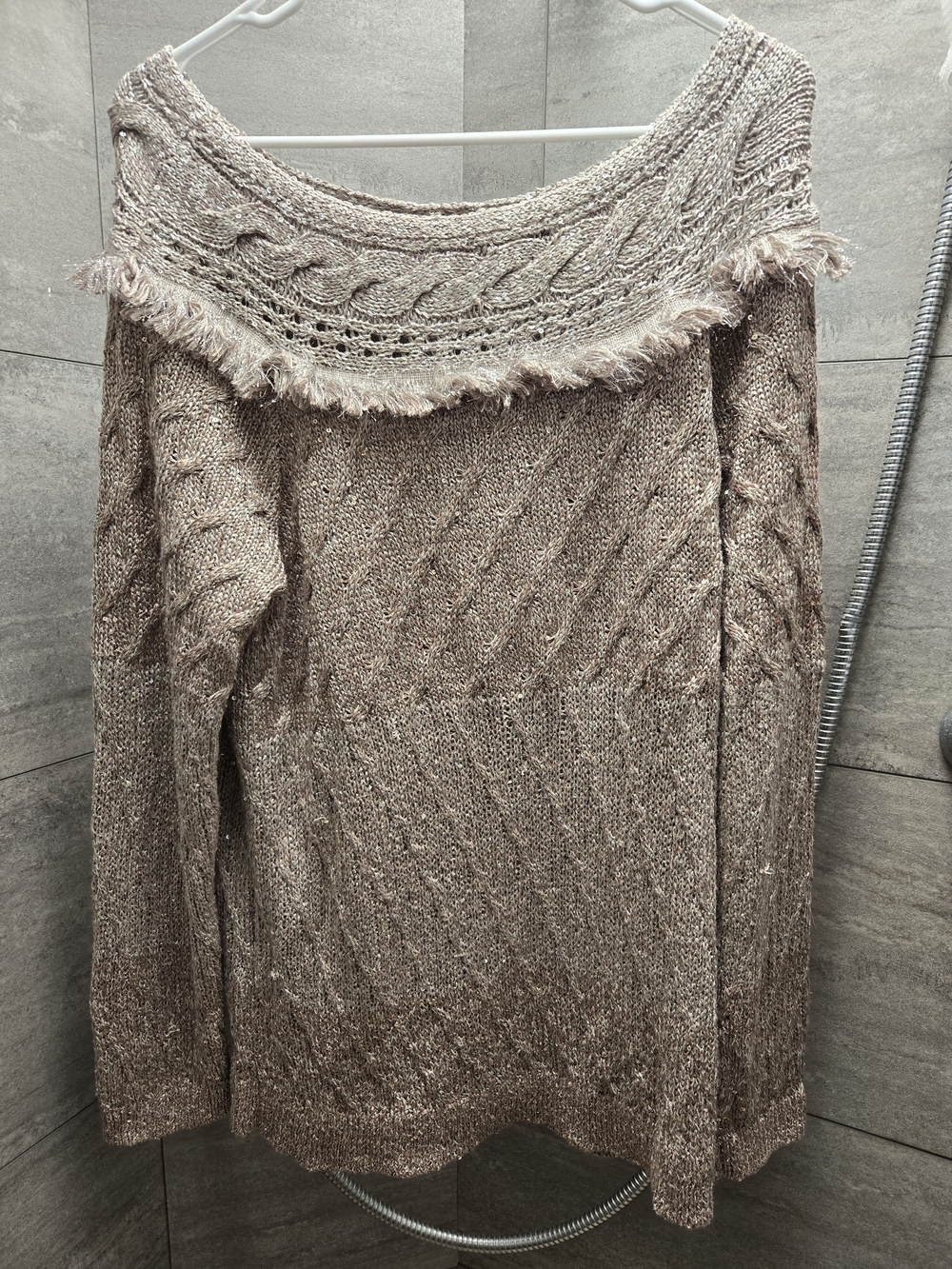 White House Black Market Taupe Fringe Off-the-Shoulder Cable Sweater